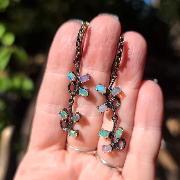 6 Opal floral vine drop sterling rhodium & gold Earrings STUNNING! - Picture 5 of 6